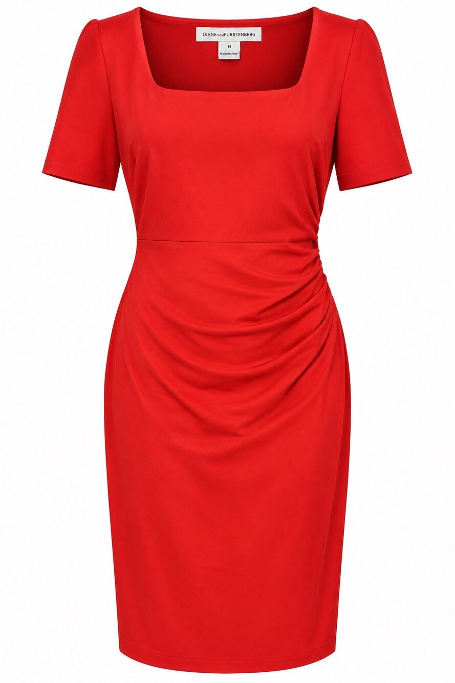 Diane von Furstenberg DVF Red Ruched Sheath Dress Size 14 Square Neck Short SLV